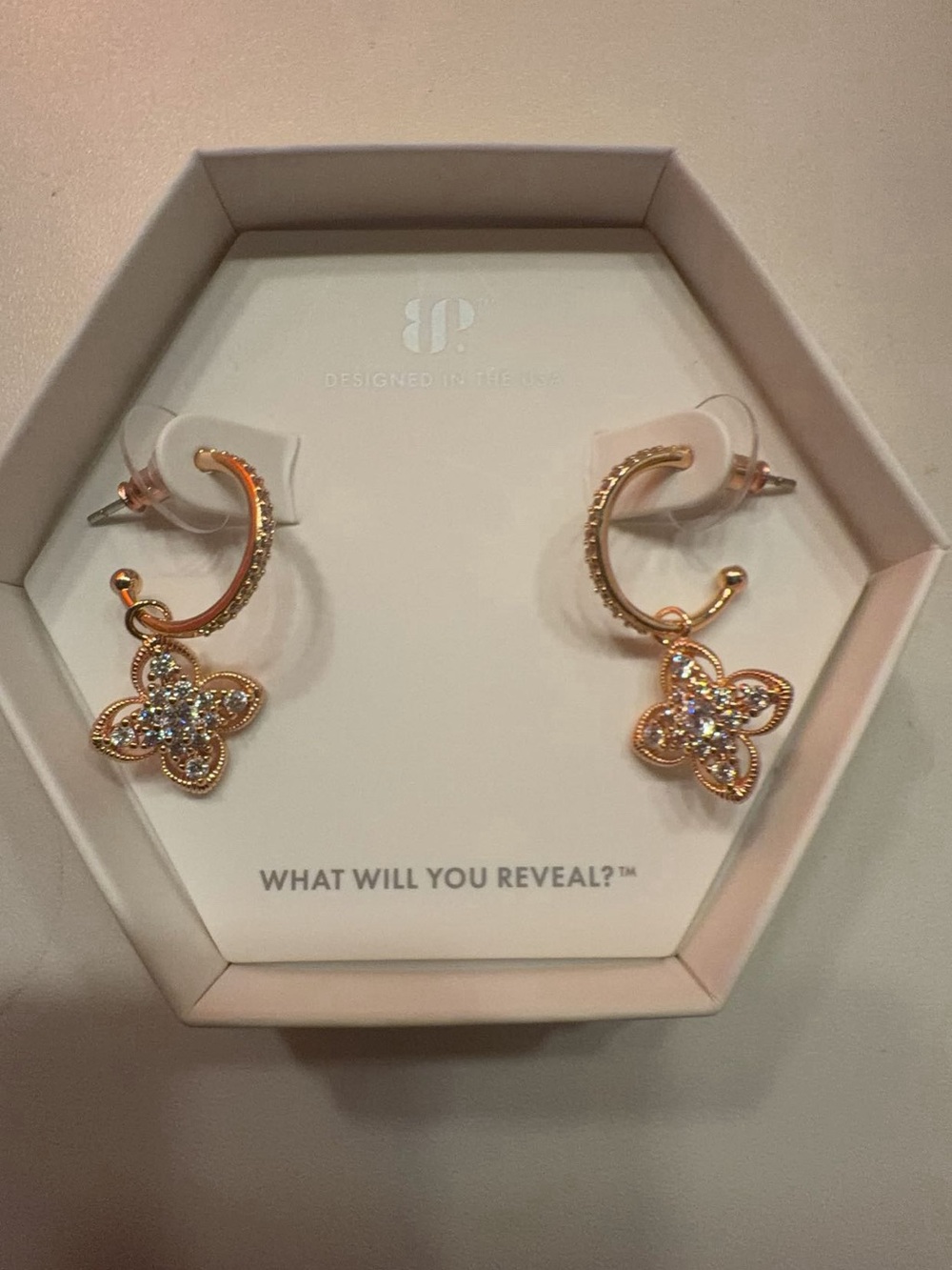 Gold Crystal Flower Drop Hoop Earrings - Rose Gold Floral Dangles